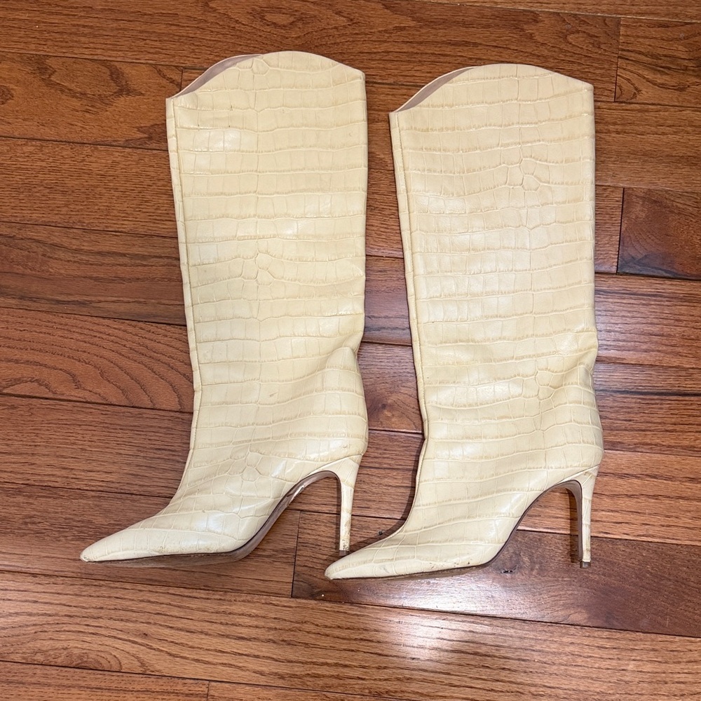 SCHUTZ Cream Croc-Embossed Pointed-Toe Knee-High Stiletto Boots